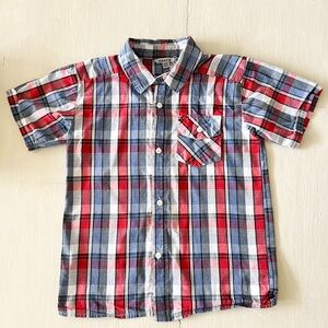 Bienzoe Boys' Short Sleeve Plaid Button-Up Shirt - Red, White & Blue size 9-10